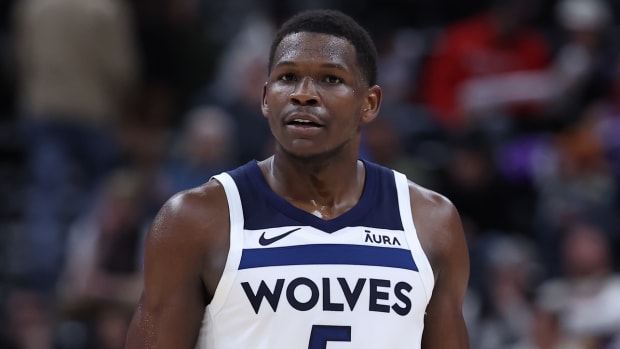 Mar 18, 2024; Salt Lake City, Utah, USA; Minnesota Timberwolves guard Anthony Edwards (5) looks on against the Utah Jazz during the fourth quarter at Delta Center.